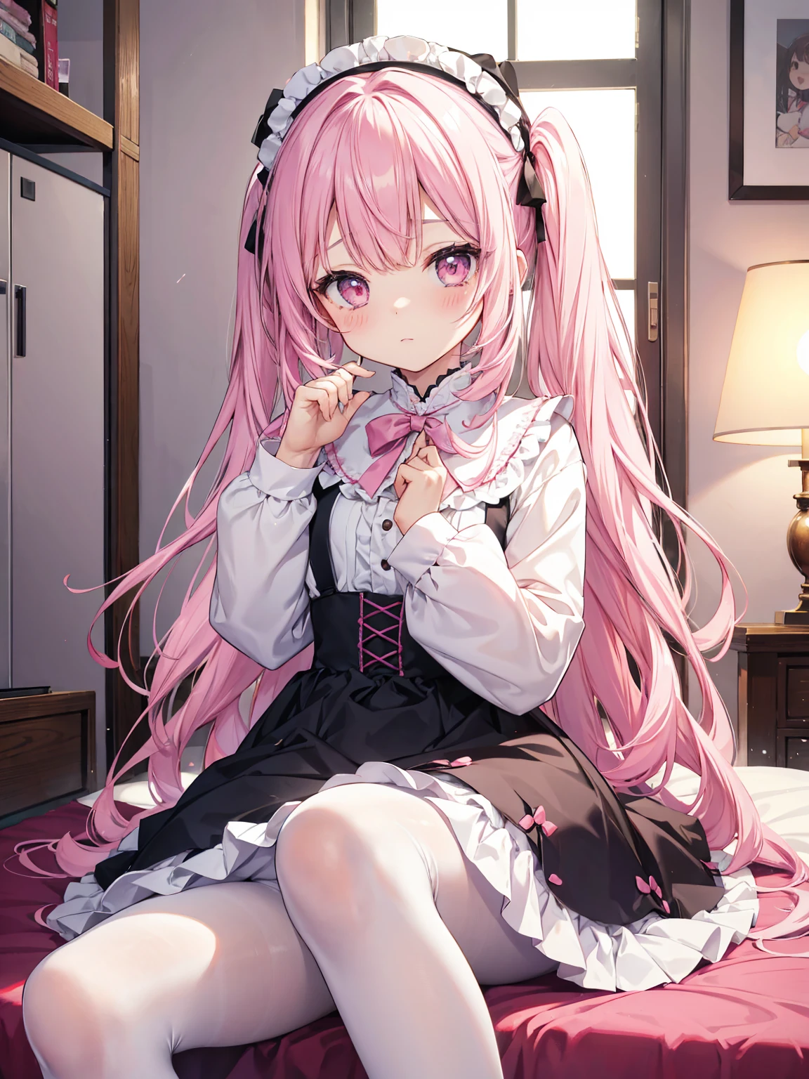 kawaii girl、absorb lint,Pink room,Lolita,White silk pantyhose