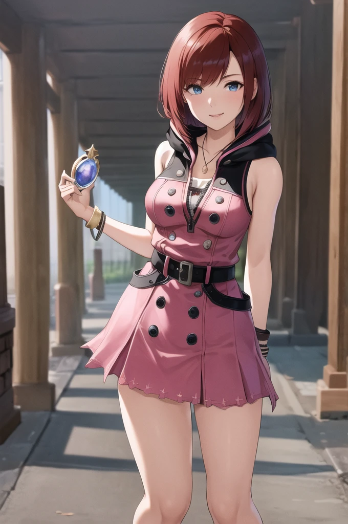 masterpiece, Highest quality, High resolution, CCKAIRI is, Medium Hair, necklace, Bare shoulders, hoodie, button, No sleeve, bracelet, Belt Buckle, Black belt, Pink Skirt, Are standing, Cowboy Shot, town, street, smile　Big Tits　Thigh-high boots　Cheerleader　Cheerleader