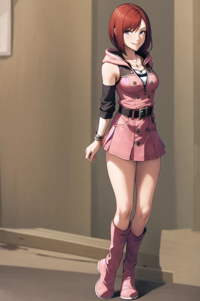 masterpiece, Highest quality, High resolution, CCKAIRI is, Medium Hair, necklace, Bare shoulders, hoodie, button, No sleeve, bracelet, Belt Buckle, Black belt, Pink Skirt, Are standing, Cowboy Shot, town, street, smile　Big Tits　Thigh-high boots　Cheerleader　Cheerleader