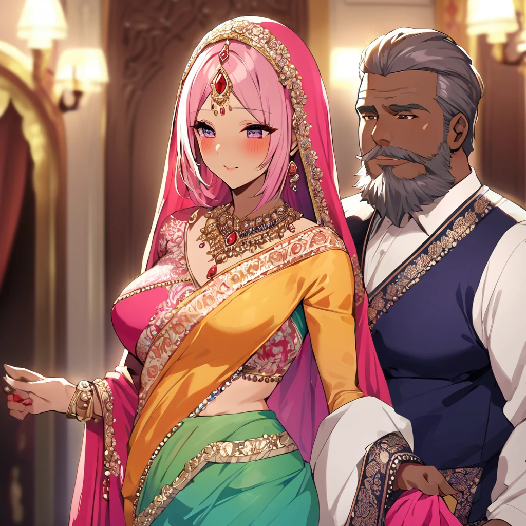 ((Highest quality)), ((masterpiece)), (detailed), （Perfect Face）、The woman is a Hindu Indian named Momo Belia Deviluke with vivid brown skin and a red bindi on her forehead. She is wearing a gorgeous and dazzling traditional Indian wedding dress, a colorful sari, a gorgeous and colorful thottu, a colorful hijab, a bindi, a gorgeous hair ornament, gorgeous jeweled accessories, and an engagement ring, in a luxurious Indian mansion. The woman and the man are in a luxurious palace, and the woman is being held by a middle-aged Indian man with a muscular beard and wearing Indian traditional clothing, who is showing off his gorgeously dressed and beautiful wife to others, as he brags about her.、The woman is an elegant Momo Belia Deviluke with pink hair, short bob hair, wearing a colorful sari and a colorful hijab, bright brown skin, a red bindi on her forehead, and a Hindu Indian Momo Belia Deviluke.、（The woman is Momo Belia Deviluke, a dark-skinned Indian.）、The man is a dignified, muscular, bearded, middle-aged Hindu Indian man wearing traditional Indian clothing.