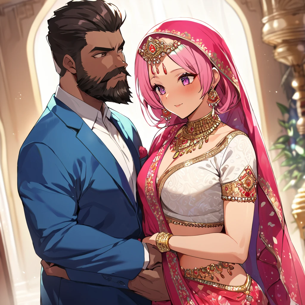 ((Highest quality)), ((masterpiece)), (detailed), （Perfect Face）、The woman is a Hindu Indian named Momo Belia Deviluke with vivid brown skin and a red bindi on her forehead. She is wearing a gorgeous and dazzling traditional Indian wedding dress, a colorful sari, a gorgeous and colorful thottu, a colorful hijab, a bindi, a gorgeous hair ornament, gorgeous jeweled accessories, and an engagement ring, in a luxurious Indian mansion. The woman and the man are in a luxurious palace, and the woman is being held by a middle-aged Indian man with a muscular beard and wearing Indian traditional clothing, who is showing off his gorgeously dressed and beautiful wife to others, as he brags about her.、The woman is an elegant Momo Belia Deviluke with pink hair, short bob hair, wearing a colorful sari and a colorful hijab, bright brown skin, a red bindi on her forehead, and a Hindu Indian Momo Belia Deviluke.、（The woman is Momo Belia Deviluke, a dark-skinned Indian.）、The man is a dignified, muscular, bearded, middle-aged Hindu Indian man wearing traditional Indian clothing.