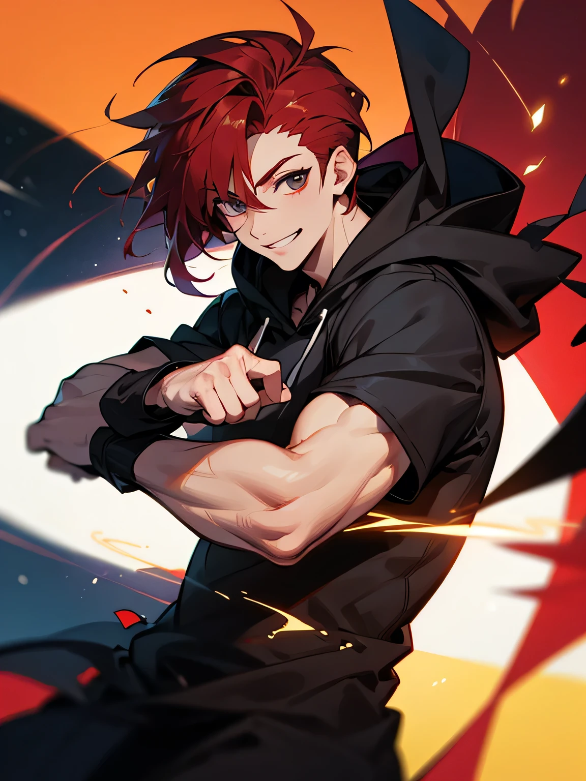 solo, upperbody, dark red fliiped hair, male's hair style, sidecut, backcut, male's eyes, black hoodie, stylish pose, smile, flash, aurora revolution,