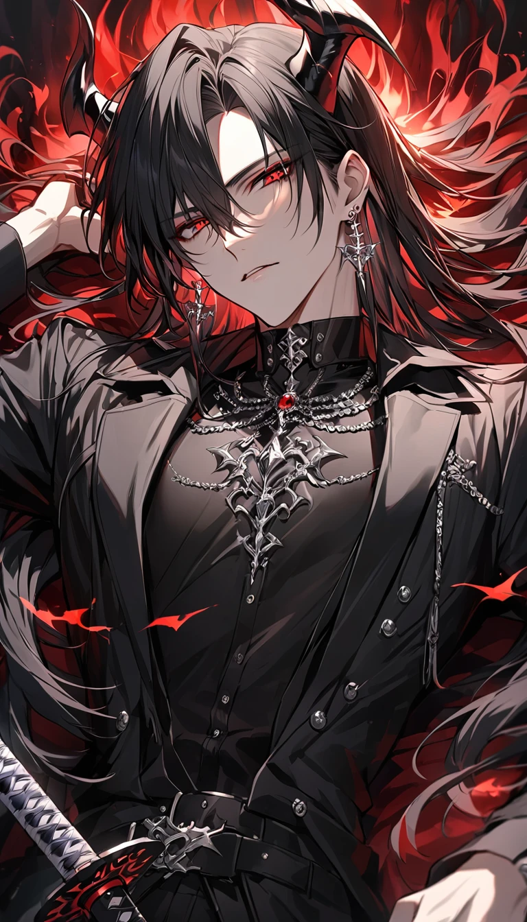 alone, good looking, 1 male, Long hair, Middle parted, Black hair, Red eyes, Black shirt, White Thailand, Black Trench Coat, Royal Silver Jewellery, Royal Demon Earrings, Black horns, Demon Crown, Demonic Katana, On Back, Demonic Black flames Aura
