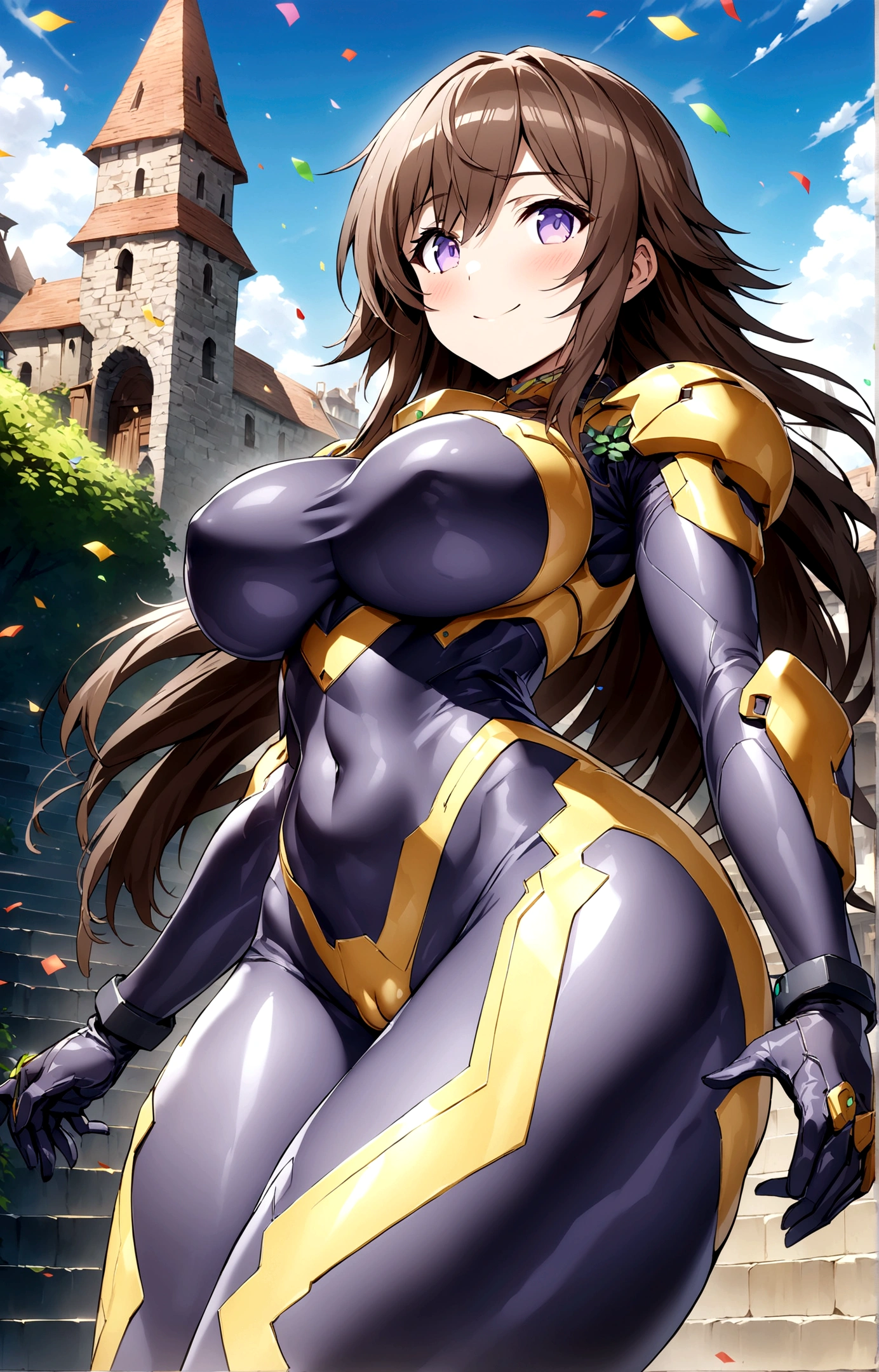 best quality, official art, masterpiece, textile shading, HDR, very detailed, colorful, best details, fantasy, battle suit,1 female, 25 years old, best quality, official art, masterpiece, textile shading, HDR, very detailed, colorful, best details, fantasy, battle suit,1 female, 25 years old, standing on stairs,A castle town with an old castle view, sunny,choppy hair, big breast, skinny,Surrounded by a large crowd:1.9、Confetti flutters、Blessed、Being welcomed:1.5、cameltoe:1.3, looking back, ground level shot:1.9,