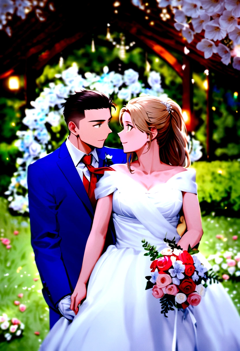 work of art, 1 girl, 1 young boy, don, two people, marriage don, necktie, Couple, ssmile, strapless don, eyes locked,eyes browns, pants, strapless, veil, flowers, long blonde hair, containment, jewerly, mitts, chemise, necklase, bouquet, white pants, containment bouquet, white don, white chemise, sem mitts, white jacket, red necktie, bridal veil, White background, marriage, husband and wife, long sleeves, long don, red flowers, shorth hair, standing, capa do romance, homem sem mitts, mulher sem mitts.