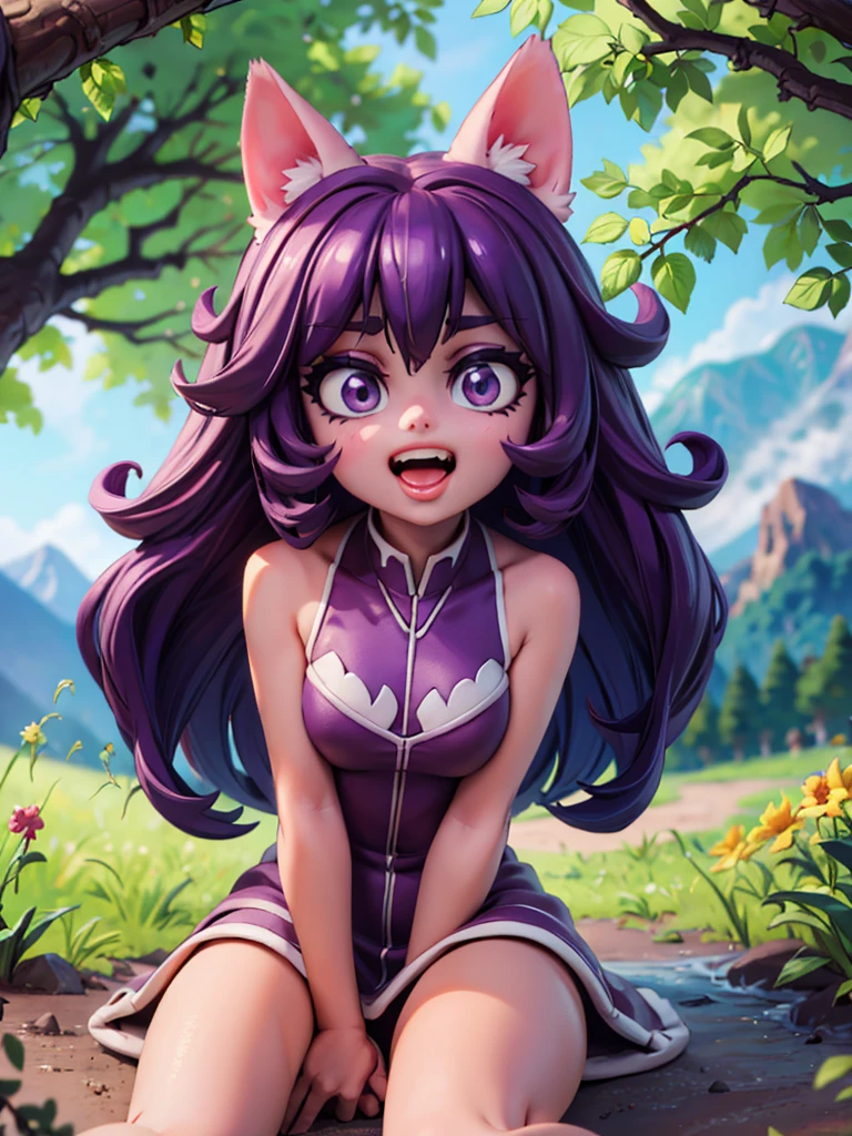 lulu, purple hair, open mouth, tongue out, winking, light smile, small breasts, sexy pose, dirt path, pov siting on, focus wet pussy, mountains,. background: forest, (insanely detailed, beautiful detailed face, beautiful detailed eyes, masterpiece, best quality)
