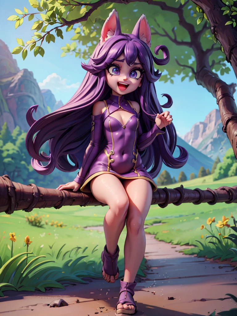 lulu weared purple hair wear purple thick dress, open mouth, tongue out, walking, winking, light smile, small breasts, sexy pose, sit on dirt path, mountains,. background: forest, (insanely detailed, beautiful detailed face, beautiful detailed eyes, masterpiece, best quality)
