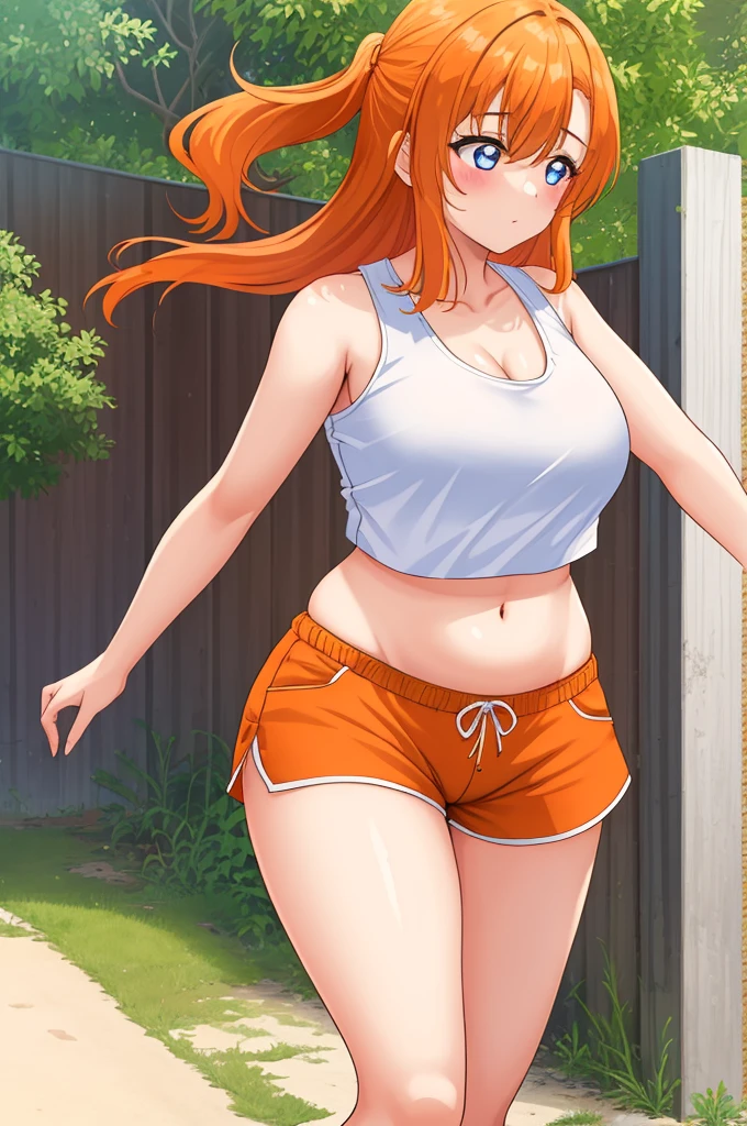 Masterpiece,beautiful female model, cowboy shot 30years old girl,Kousaka honoka, long hair, pink hot shorts, white tank top, walking, outdoors,thicc legs,big breasts,navel, orange hair