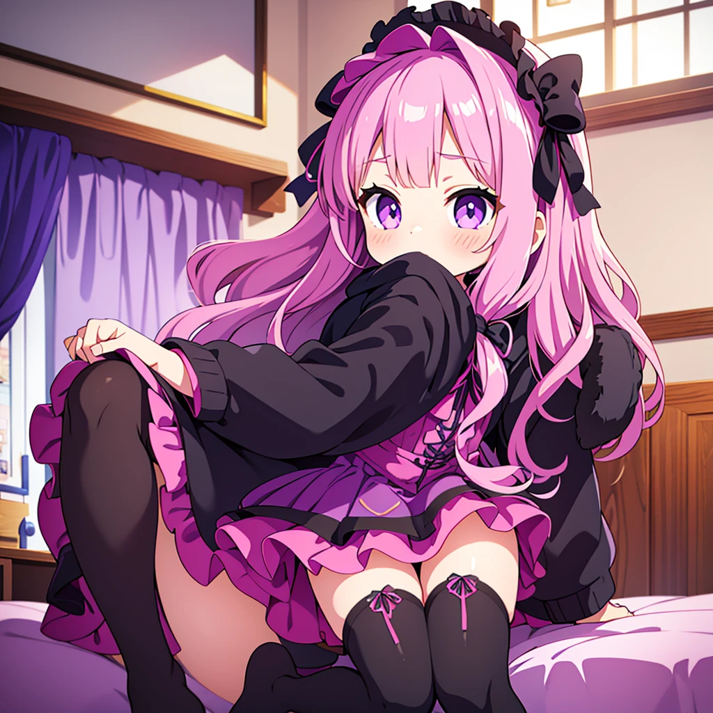 a 14 year old girl, detailed violet eyes, pink wavy long hair, oversized black pullover, frilly skirt, cute stockings with ribbon bows, interior bedroom setting.