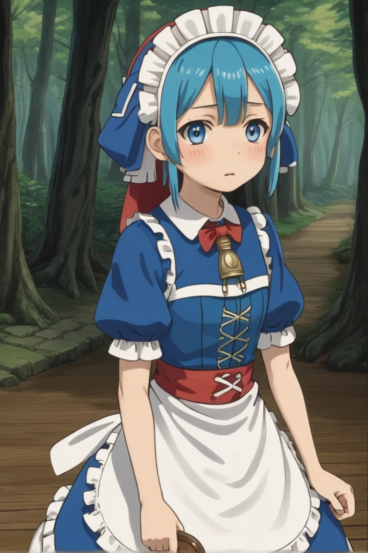 1人のmaleの子, 
 masterpiece, Super detailed, Mark of the Forest,  alone, View your viewers,
 wood, Puff short sleeves, Maid, Maid headdress, Capelet, otoko no ko, Pouch, male , whistle, blue Capelet, whistle around neck