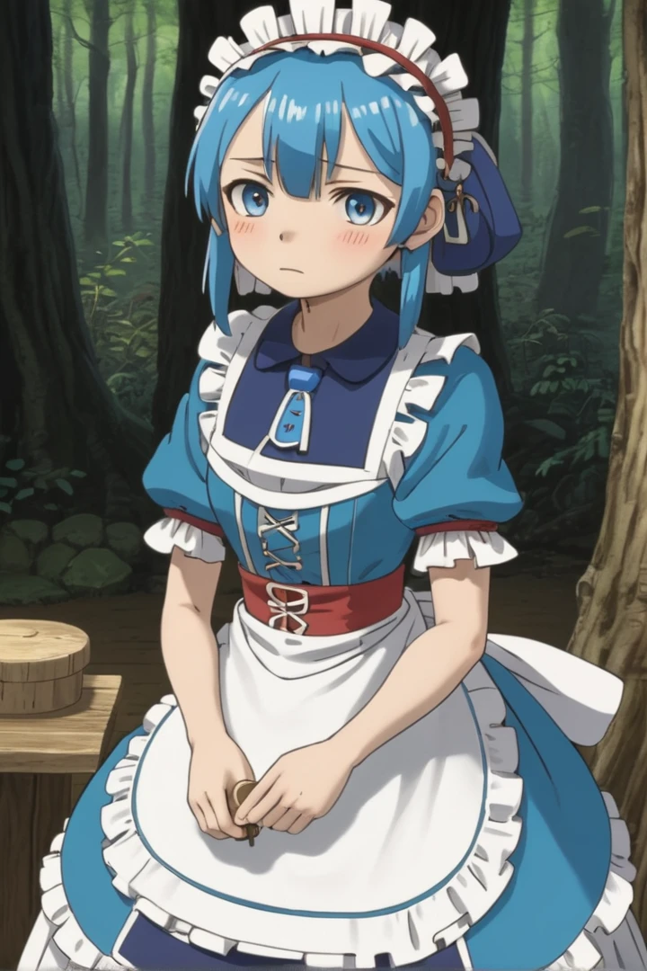 1人のmaleの子, 
 masterpiece, Super detailed, Mark of the Forest,  alone, View your viewers,
 wood, Puff short sleeves, Maid, Maid headdress, Capelet, otoko no ko, Pouch, male , whistle, blue Capelet, whistle around neck