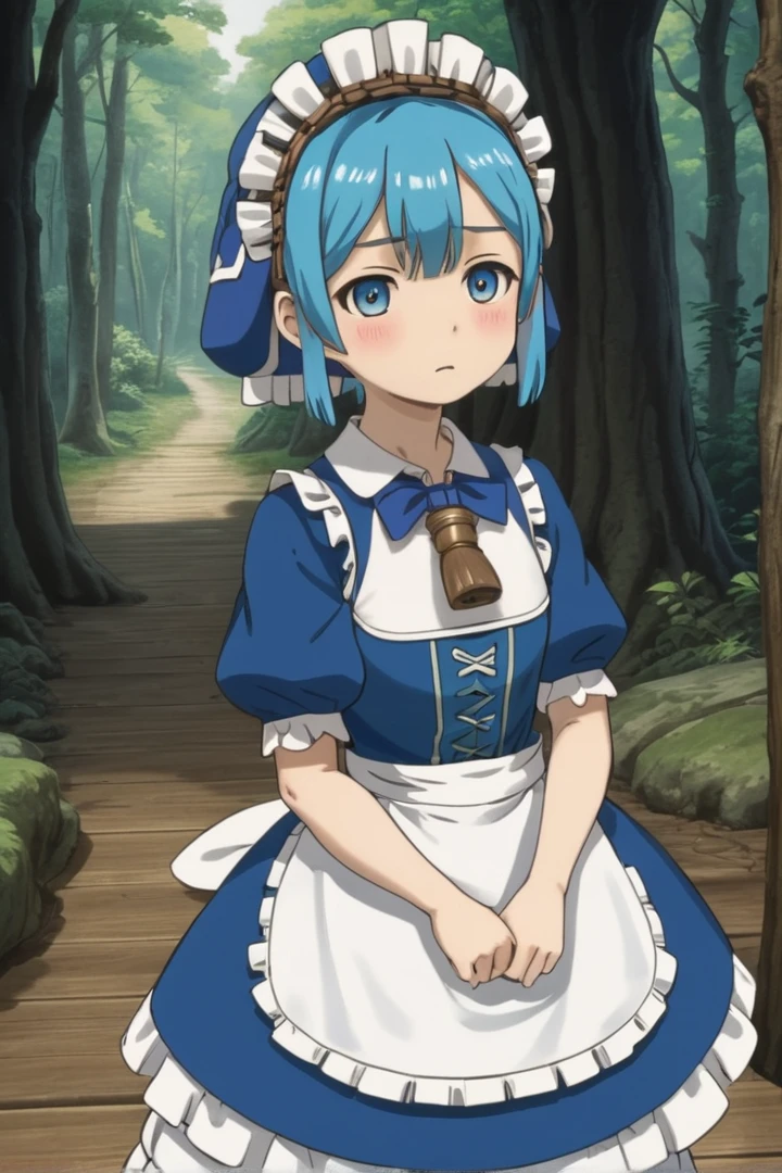 1人のmaleの子, 
 masterpiece, Super detailed, Mark of the Forest,  alone, View your viewers,
 wood, Puff short sleeves, Maid, Maid headdress, Capelet, otoko no ko, Pouch, male , whistle, blue Capelet, whistle around neck