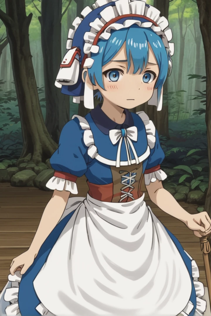 1人のmaleの子, 
 masterpiece, Super detailed, Mark of the Forest,  alone, View your viewers,
 wood, Puff short sleeves, Maid, Maid headdress, Capelet, otoko no ko, Pouch, male , whistle, blue Capelet, whistle around neck