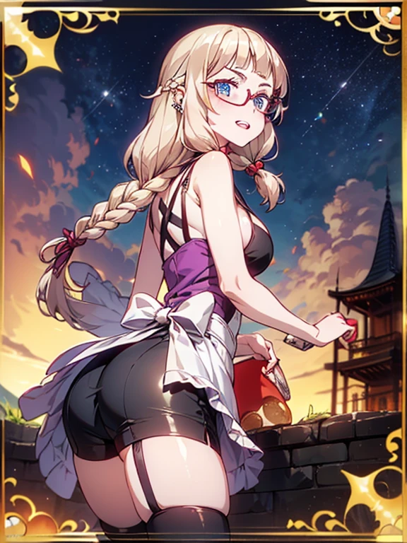 (1girl:1.3), (perky chest:1.2), ((long purply_Blue dress :1.5, wearing long flaired skirt:1.3, the skirt is blowing:1.3, cute pink Apron, black stocking:1.2,garter stocking, cleavage:1.2, midriff, black shorts, black thighhighs, thigh strap, (pointed chest:1.2),Masterpiece, Best quality, amazing beauty, [[3D]], 4K, absurdres, finely detail, super detailed eye, perfect anatomy, official art, cinematic lighting, BREAK, Island, silky long hair, long braid, white hair, super shiny detailed blue eyes, big eyes, cute eyes, thick eyebrow, Gazing Upward, open-mouth, full lips, straight teeth, rouge, False eyelashes, red lips, red round cell frame glasses, piercing, excited face, BREAK , big breasts, tall, medium, gloss skin, nibble at bread, from behind, BREAK ,kimono, BREAK,