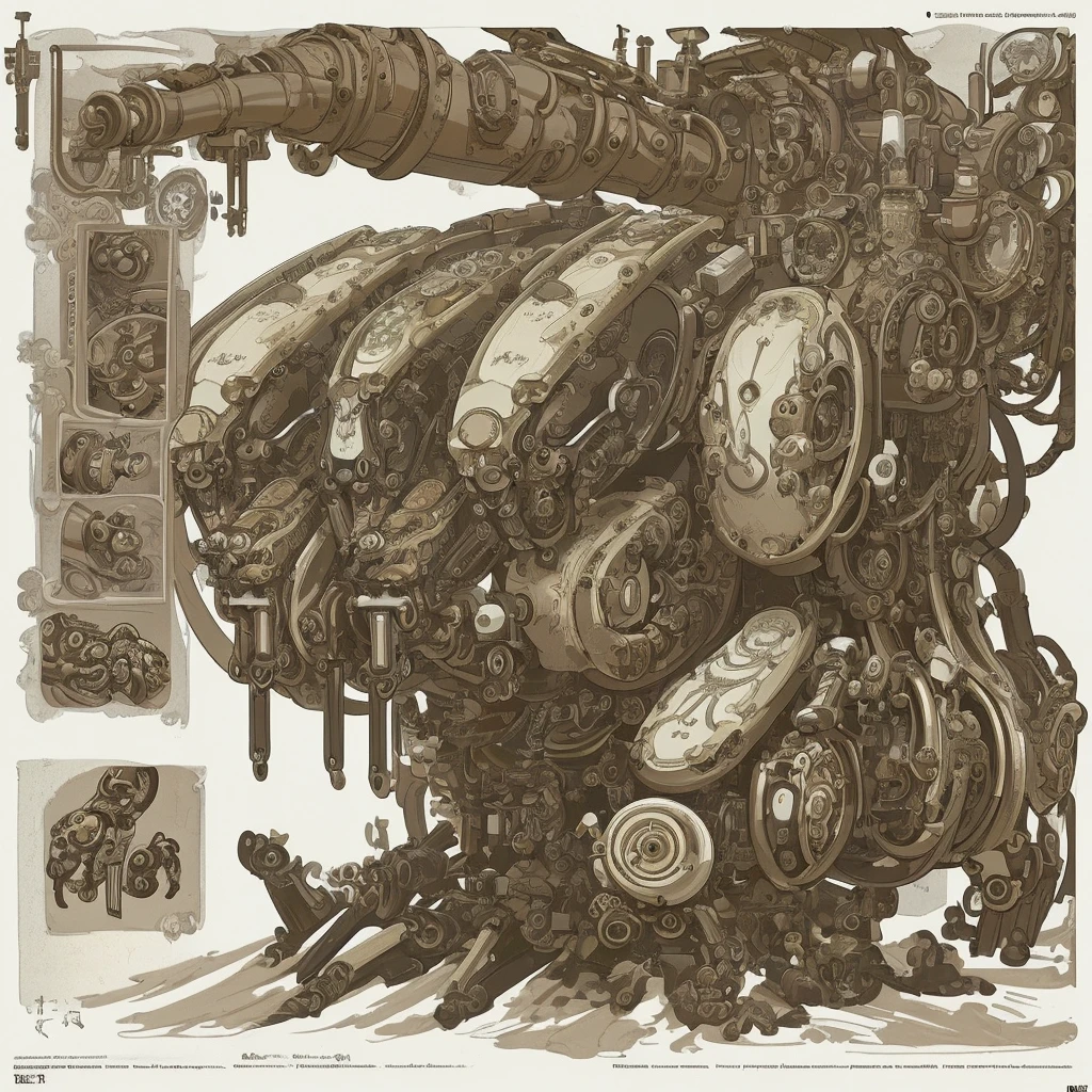 full page conceptual designs of an organic robotic device, steampunk project, details Intricate, ink on paper, scientific, Highly detailed labeled, posters