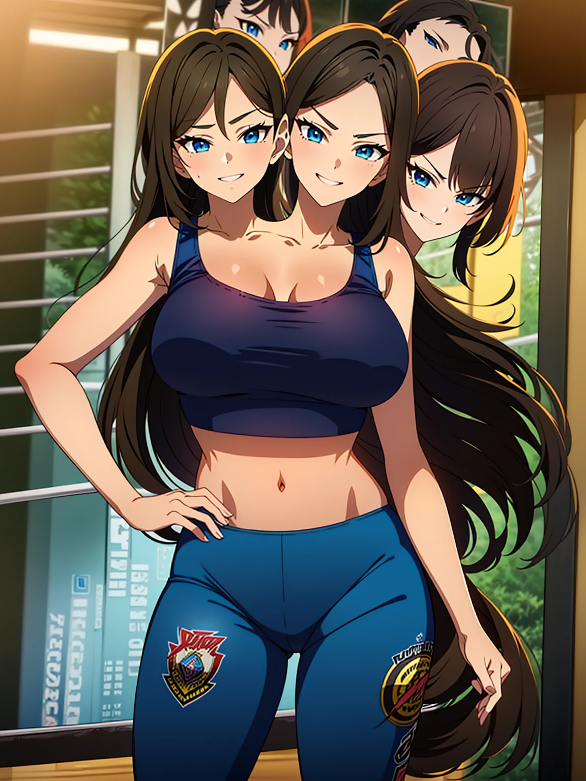 masterpiece),(ultra-detailed), (high quality), (high resolution), (best quality:1.5, highres, UHD), highres, absurdo, ultra detail, ultra quality, Ultra resolution, 16k, ((2heads:1.5)), 1girl, ((anime girl with two heads)), ((dark brown hair)) ((black hair)), ((female wrestler)), ((blue crop top)), exposed midriff, ((blue hot pants)), wrestling ring, wrestling, ((blue outfit)), sexy wrestler, (blue eyes), villainess, smirk