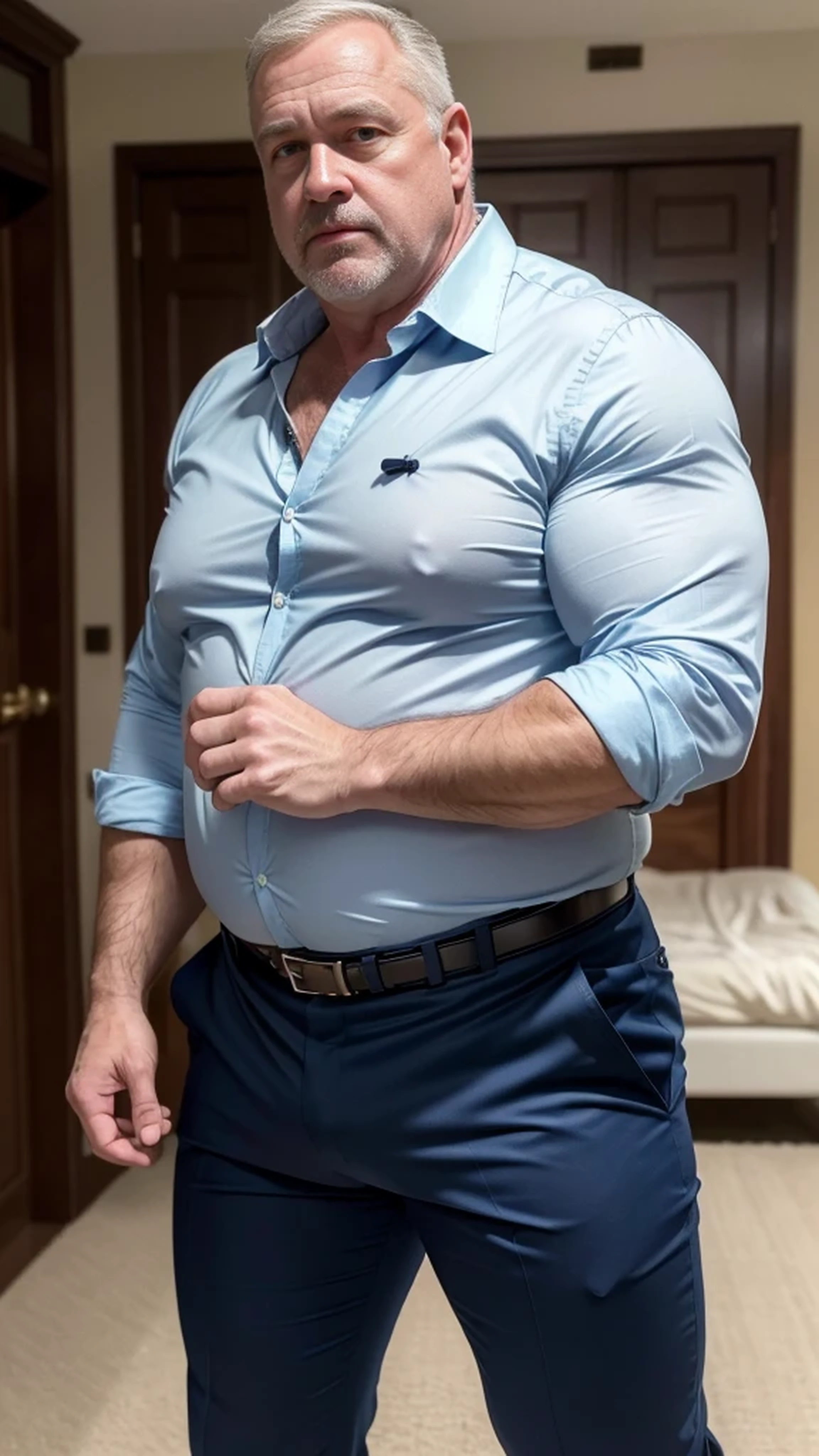 (best quality,4k,8k,highres,masterpiece:1.2), age 60, white man detective , horny disgusting, muscular chubby, kind, open blue shirt , mature daddy, Dress Pants with big hard bulge, hairy chest hard nipple, belt, loafer,