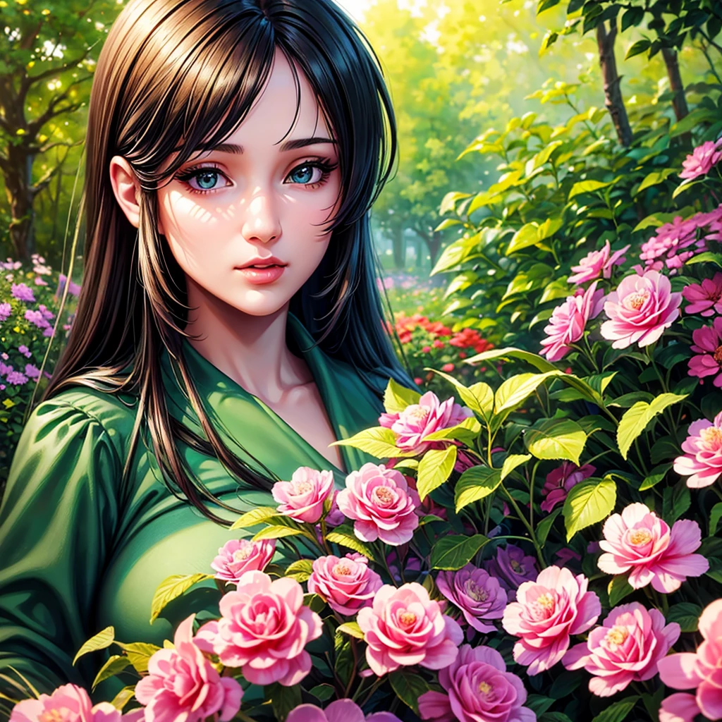 (Hyper realistic best quality, high resolution),sniper aiming at the girl,Beautiful detailed eyes, detailed lips, long eyelashes,girl in a garden,soft sunlight,half:oil painting,ultra detailed,realist,vivid colors,fantastic atmosphere,shadows and lights,Greenery and flowers,peaceful and serene,Masterpiece:1.2