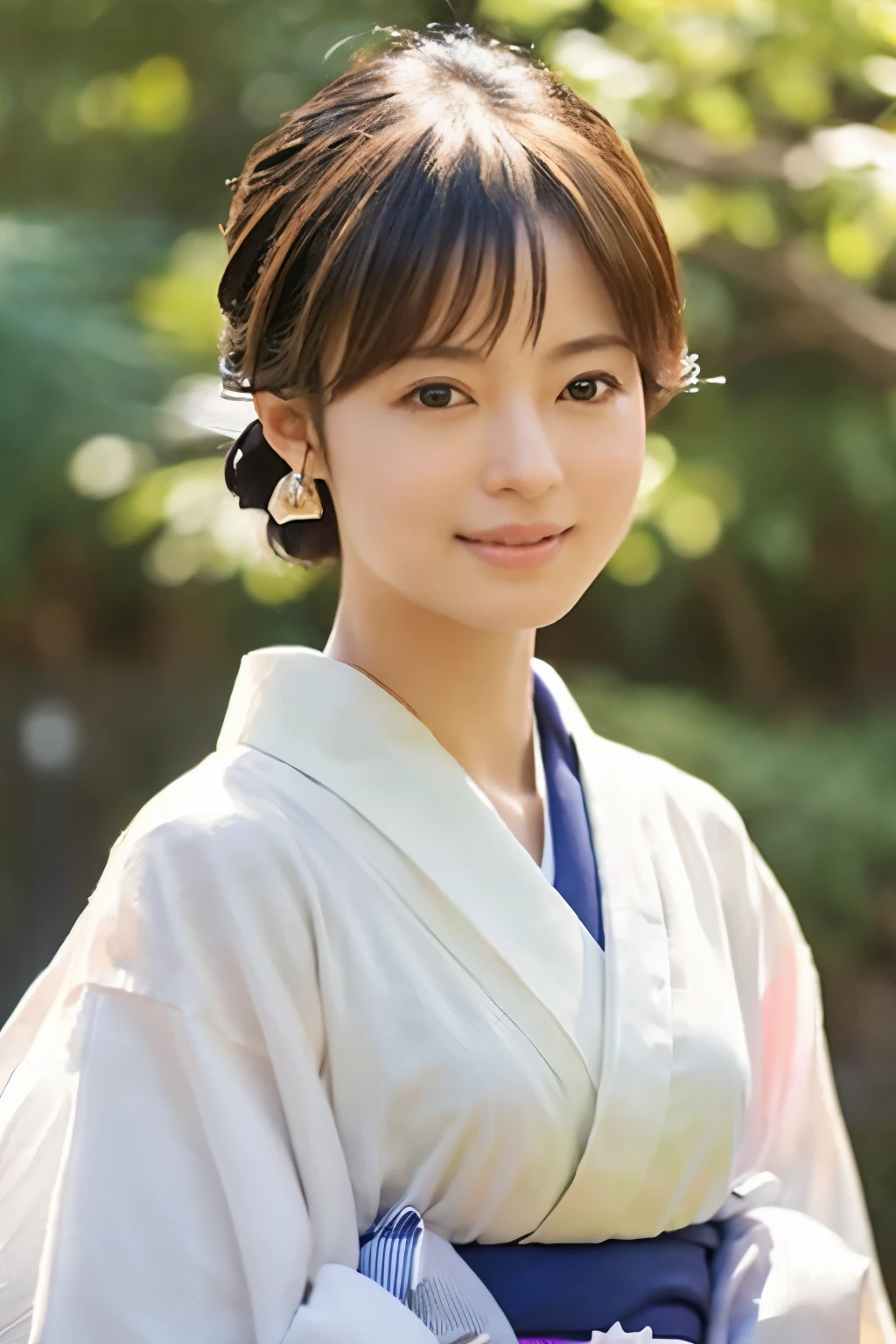 ((Top Quality, 8K, Masterpiece: 1.3)), Sharp Focus: 1.2, (Super Beautiful Face: 1.0), (Slender Abs Beauty: 1.0), (Shiny Skin: 1.0), Realistic Photography, Black Hair, Realistic Pupils, Video Lighting, High Definition Eyes and Face, Video Lighting, (Cowboy Shot: 1.3), (kimono, hakama, obi: 1.4), (Japanese Cute Actress), in nature, traditional kimono, happy, Looking at the audience, head on, correct ????????????