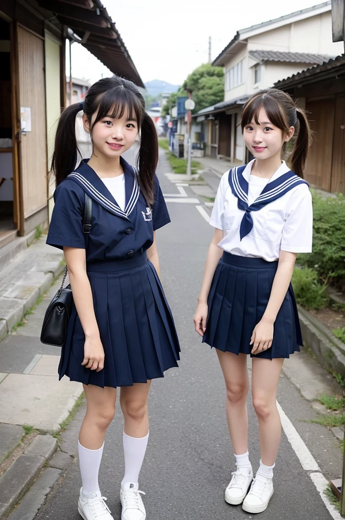 2 girls in old-Japanese town on school trips,white sailor shirt,navy blue pleated skirt,18-year-old,bangs,a little smile,thighs,knees,short hair with low pigtails bunches,from below,front light