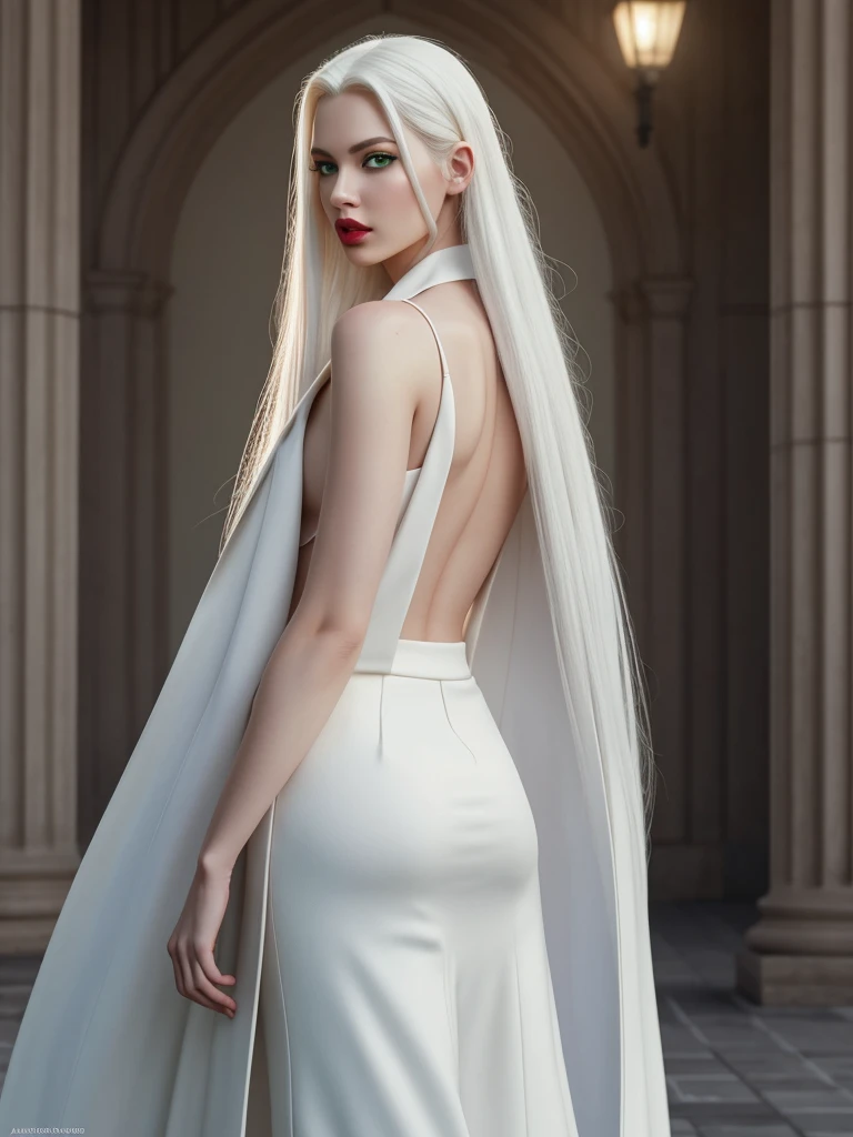 A mesmerizing monochromatic photograph of a Swedish albino model exuding grace and elegance. Her striking pink eyes captivate the viewer as she poses confidently in a pristine white room. Adorned in an exquisite white disco ensemble, comprising a shimmering jumpsuit, white leather boots, and a dazzling cape, she embodies vintage glamour. Her shaved head contrasts against the immaculate surroundings, while a red velvet choker wrapped around her wrist adds a touch of sophistication. The minimalistic backdrop accentuates her presence, creating an atmosphere of pure elegance and refinement.