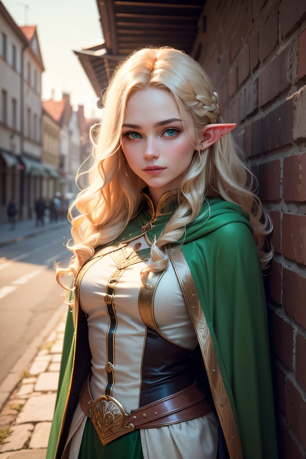 ((best quality)), ((masterpiece)), (detailed), Prize-winning works, with incredible details, maximum textures and details, uhd ,8K,super resolution ,depth of field, retina, masterpiece, anatomically correct, textured skin, super detail, high details, highres ,1 A Female Elf , Long wavy blonde hair, greeneyes, green and gold cloak, beautiful landscape in the background, sunset ,hair in the wind,very long blonde braid hair ,((blonde hair,)),shy smile,similar to the work of JRR Tolkien,longCap ,lightweight armour,fully body, hyper-detailed piercing eyes , (25 year old young man :1.1,detailedeyes, face detailed, whole body:1.1,the background is a magnificent castle ),(best qualityer:1.2,ultra detali:1.1,realisitic:1.37) ,eyeshadows,sharp focus,swirly vibrant colors,)