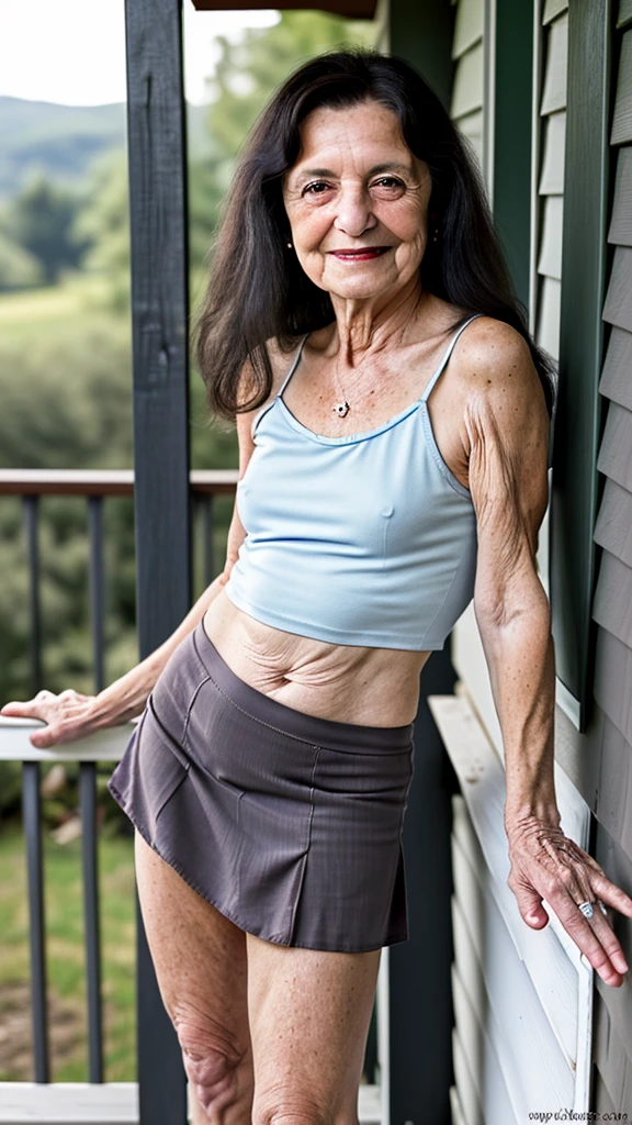 gorgeous  short adorable sexpot italian grandma (long dark hair) is leaning against rail on front porch showing how perky her tiny-tits are, wearing -skimpy tank-top and short skirt, slutty smile