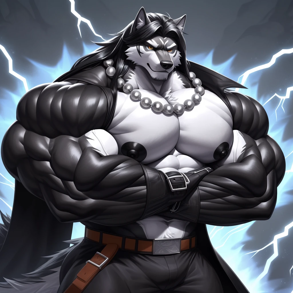 (upload on e621) (Masterpiece) (by Drks) (best quality) (ultra high res) 4K (8k HD) 2D (perfect anatomy) (digital art) (official art) (extreme detailed) (ultra detailed) (strapsanime) color (soft shading) (sharp focus) (forest woods background) 1man black body fur silver belly detailed fluffy fur (ultra detailed face) detailed eyes detailed iris eyes detailed golden yellow eyes (white sclera) black pupils big navel abs bare pectoral (((silver tuft on his chest))) (((huge black shiny nipples))) black claw nails furry wolf male mature male dark black giant bulky muscular body fur giant size canid (((huge muscles))) (((hyper muscles:1.3))) huge pecs (((oversize pecs:1.3))) huge biceps (((giant biceps:1.3))) (((fullbody))) canine canis mammal powerful wolf god wolf male fierce face badass wolf anthro solo standing (((wearing black full complete sleeveless long trench coat:1.3))) (((dark black longest flowing length hair:1.3))) (((dark black longest flowing length back fur hair:1.3))) (((dark black longest length hair fur front lay on pecs:1.3))) (((best longest dark black flowing hair:1.3))) (((perfect fingers))) (((five fingers))) dark black hands and fingers (((wearing black and silver fingerless gloves))) (((black arm bands on his biceps))) (((three black arm bands on his forearms))) (((black huge bead necklaces:1.3))) (((black huge longer bead necklaces around neck to pecs:1.3))) (((dark black and silver underside long wolf tail))) (((black long pants with silver lines with belt straps on both legs))) (((silver electricity and wind aura flow entire body))) (((crossed arm pose)))