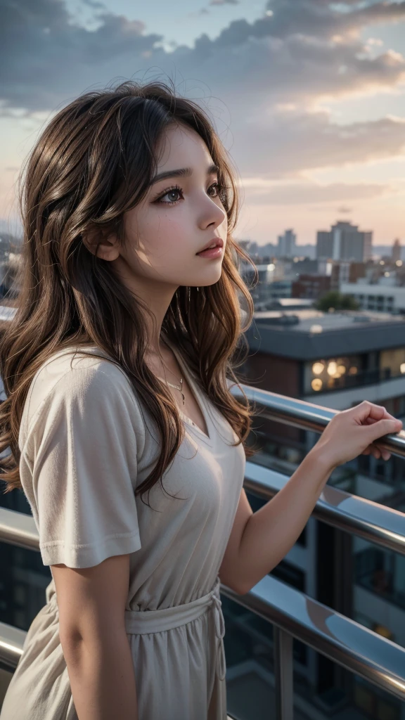 girl, with wavy hair and honey brown eyes looking at the sky from the side balcony in a city with a beautiful sky, (realist), 8k, Ultra quality, 4K quality