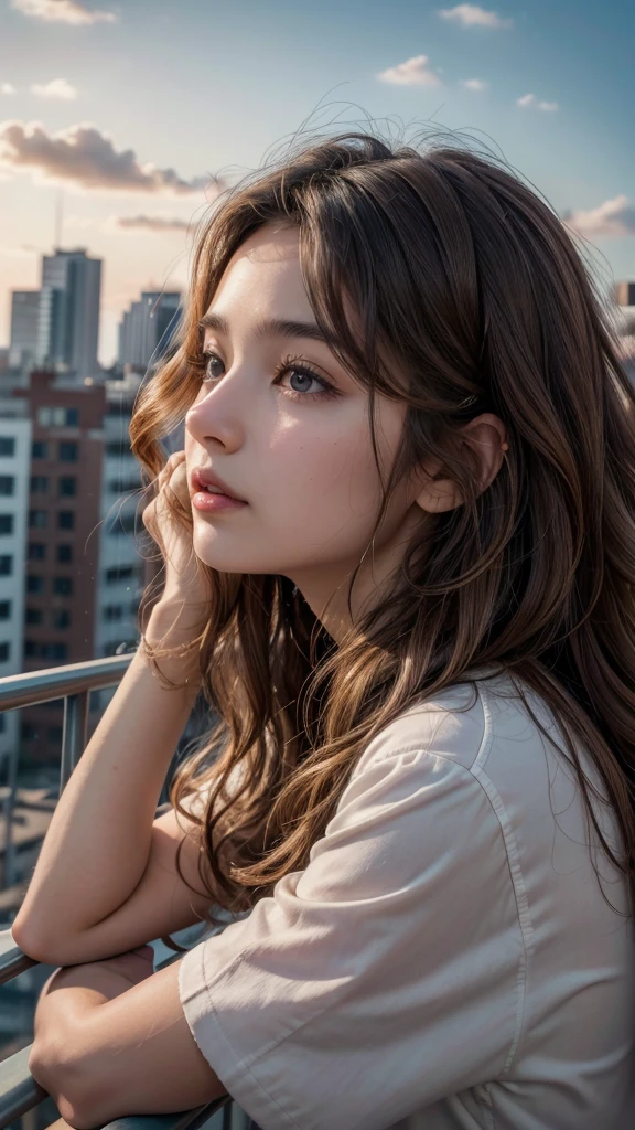 girl, with wavy hair and honey brown eyes looking at the sky from the side balcony in a city with a beautiful sky, (realist), 8k, Ultra quality, 4K quality