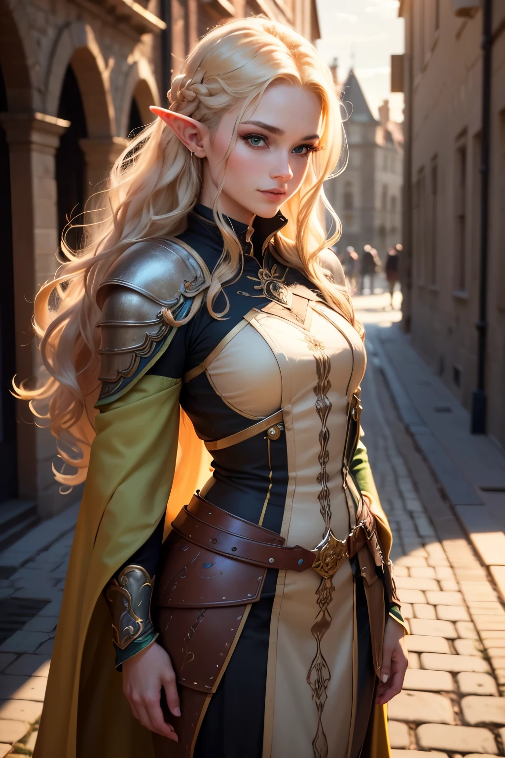 ((best quality)), ((masterpiece)), (detailed), Prize-winning works, with incredible details, maximum textures and details, uhd ,8K,super resolution ,depth of field, retina, masterpiece, anatomically correct, textured skin, super detail, high details, highres ,1 A Female Elf , Long wavy blonde hair, greeneyes, green and gold cloak, beautiful landscape in the background, sunset ,hair in the wind,very long blonde braid hair ,((loiro long hair,)),shy smile,similar to the work of JRR Tolkien,longCap ,lightweight armour,fully body, hyper-detailed piercing eyes , (25 year old young man :1.1,detailedeyes, face detailed, whole body:1.1,the background is a magnificent castle ),(best qualityer:1.2,ultra detali:1.1,realisitic:1.37) ,eyeshadows,sharp focus,swirly vibrant colors,)
