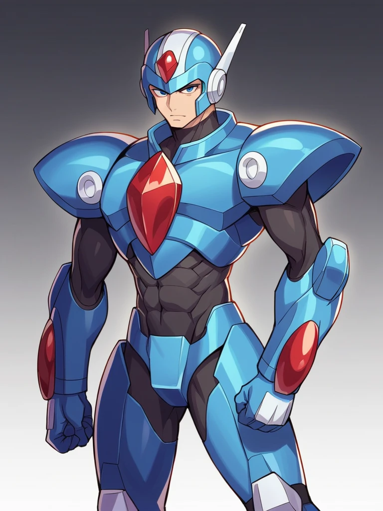 in kinu-sensei artstyle, Kinu Nishimura style, 1boy, solo, hardboiled, reploid, The image showcases several iterations of the character Megaman X in his design from "Mega Man X8". This character, a Reploid, features a sleek, futuristic design with a predominantly blue color scheme and light blue highlights. The first design shows a rounded, simplistic form, emphasizing a youthful and approachable appearance. The second design introduces angular features, giving him a tougher and more mature look. The third design further enhances these aspects with added armor details and more defined muscle structure, highlighting his combat-ready nature. The side profiles show his helmet with a red gem centerpiece and intricate arm and leg armor details. The overall art style is dynamic, with clean lines and a mix of soft and hard shading to emphasize his mechanical yet heroic qualities.
AI art prompts:
- "Futuristic Reploid, Megaman X design, blue and light blue color scheme, sleek and dynamic design, detailed armor, combat-ready, heroic stance, clean lines, mix of soft and hard shading."
- "Megaman X Reploid character design, angular features, youthful and approachable appearance, futuristic armor, red gem centerpiece, intricate details, heroic and combat-ready."
- "Reploid hero, sleek and futuristic, blue armor, light blue highlights, dynamic design, side profiles, detailed helmet, clean lines, soft and hard shading., in kinu-sensei artstyle