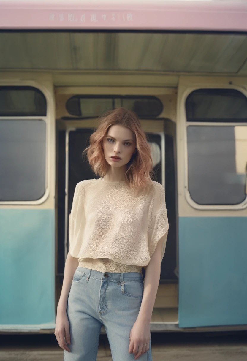 a woman wearing a cropped top and jeans standing in front of the bus stop, in the style of Oleg Oprisco, video, Jocelyn Hobbie, soft, muted tones, close up, wavy, Nick Knight --ar 36:55 --stylize 750 --v 6