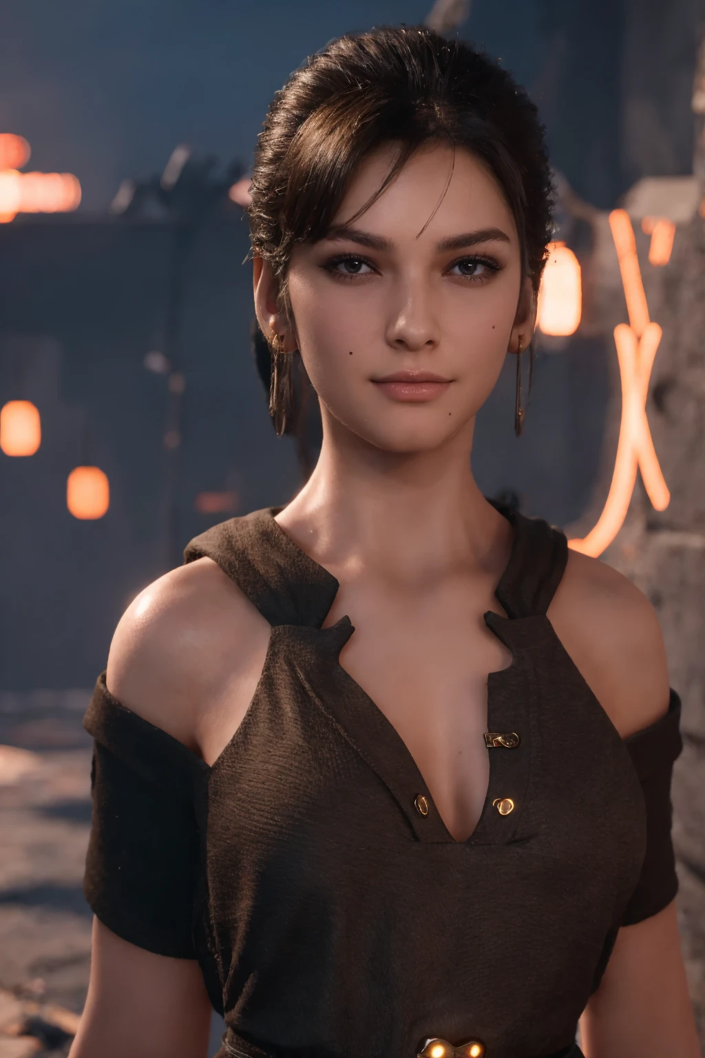 a beautiful girl with short brown hair, almond eyes, and brown eyes, elegant and graceful, holding a eve of stellar blade, digital art, cinematic lighting, highly detailed, photorealistic, 8k, intricate details, dramatic lighting, cinematic composition, warm color palette, fantasy landscape background