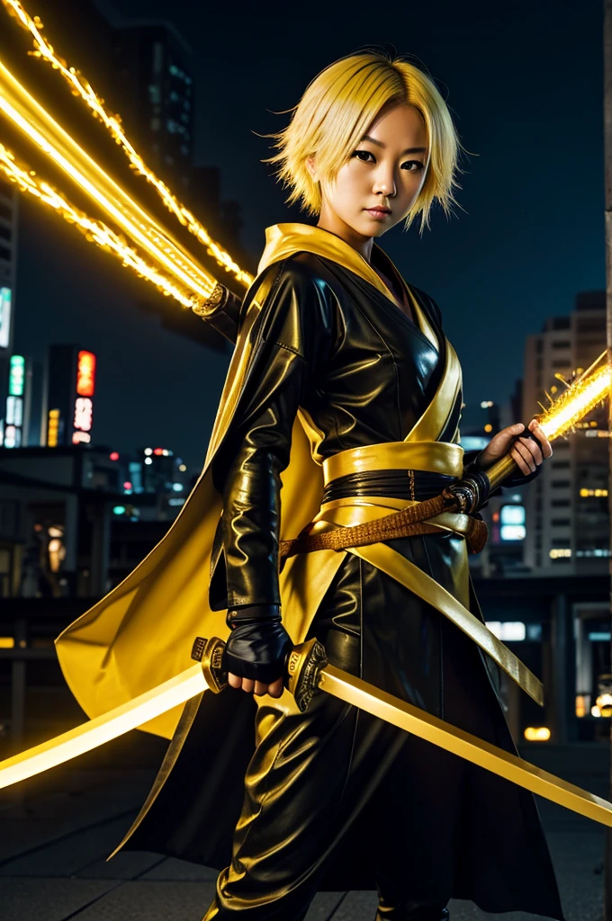 A Japanese-style female character with short yellow hair, wearing a black outfit and a yellow Japanese-style cloak, holding a katana, amidst a city at night with numerous golden lightning bolts, golden light, striking lightning, and golden yellow sparkles.