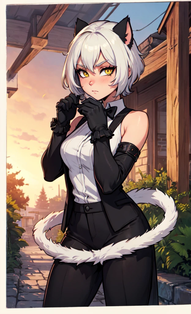 anthro,solo female,furry ,tuxedo cat,yellow eyes,black long gloves ,black short hair,random clothes