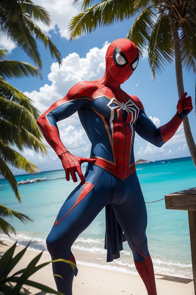 A man in a Spider-Man costume standing in front, in the background image of a paradisiacal beach