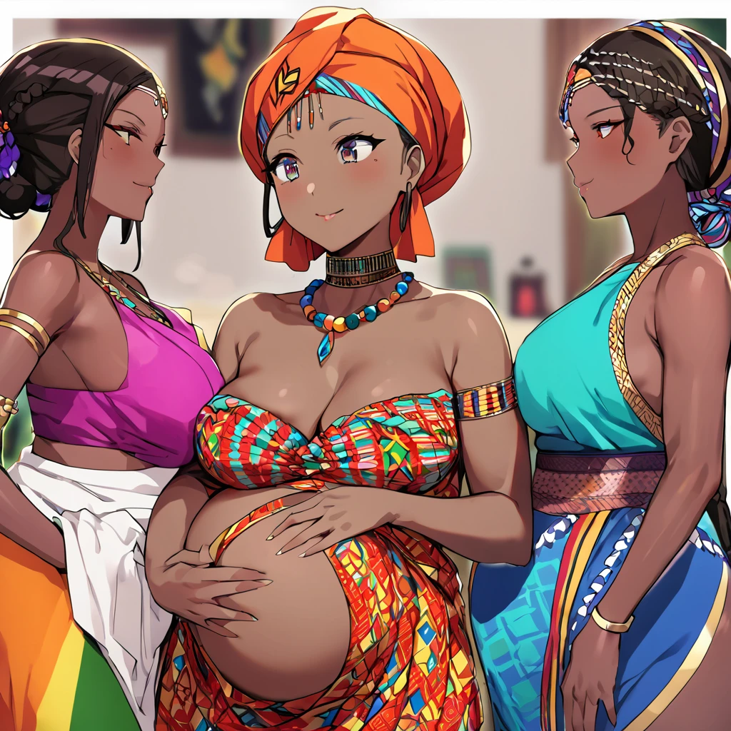 ((Highest quality)), ((masterpiece)), (detailed), (Perfect Face)、The woman is Momo Belia Deviluke, a Ghanaian by birth, with a vibrant dark skin, black by birth, and is wearing a vibrant Ghanaian dress, a vibrant turban head scarf, gorgeous jeweled accessories, and an engagement ring.、The woman was the elegant Momo Belia Deviluke, with pink afro short bob hair in Ghana braids, wearing a colorful Ghanaian dress and a colorful turban head scarf, with vibrant dark brown skin, a natural-born black and Ghanaian, Momo Belia Deviluke.、(The woman is a black Ghanaian with vivid dark brown skin.)、The woman is chatting with other village girls while babysitting in a village in Ghana.、The women are pregnant、The women are holding their baby daughters