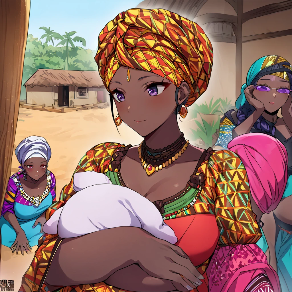 ((Highest quality)), ((masterpiece)), (detailed), (Perfect Face)、The woman is Momo Belia Deviluke, a Ghanaian by birth, with a vibrant dark skin, black by birth, and is wearing a vibrant Ghanaian dress, a vibrant turban head scarf, gorgeous jeweled accessories, and an engagement ring.、The woman was the elegant Momo Belia Deviluke, with pink afro short bob hair tied up in Ghana braids, wearing a colorful Ghanaian dress and a colorful turban head scarf, with vibrant dark brown skin, a natural-born black and Ghanaian, Momo Belia Deviluke.、(The woman is a black Ghanaian with vivid dark brown skin.)、The woman is chatting with other village girls while babysitting in a village in Ghana.、The women are pregnant、The women are holding their baby daughters
