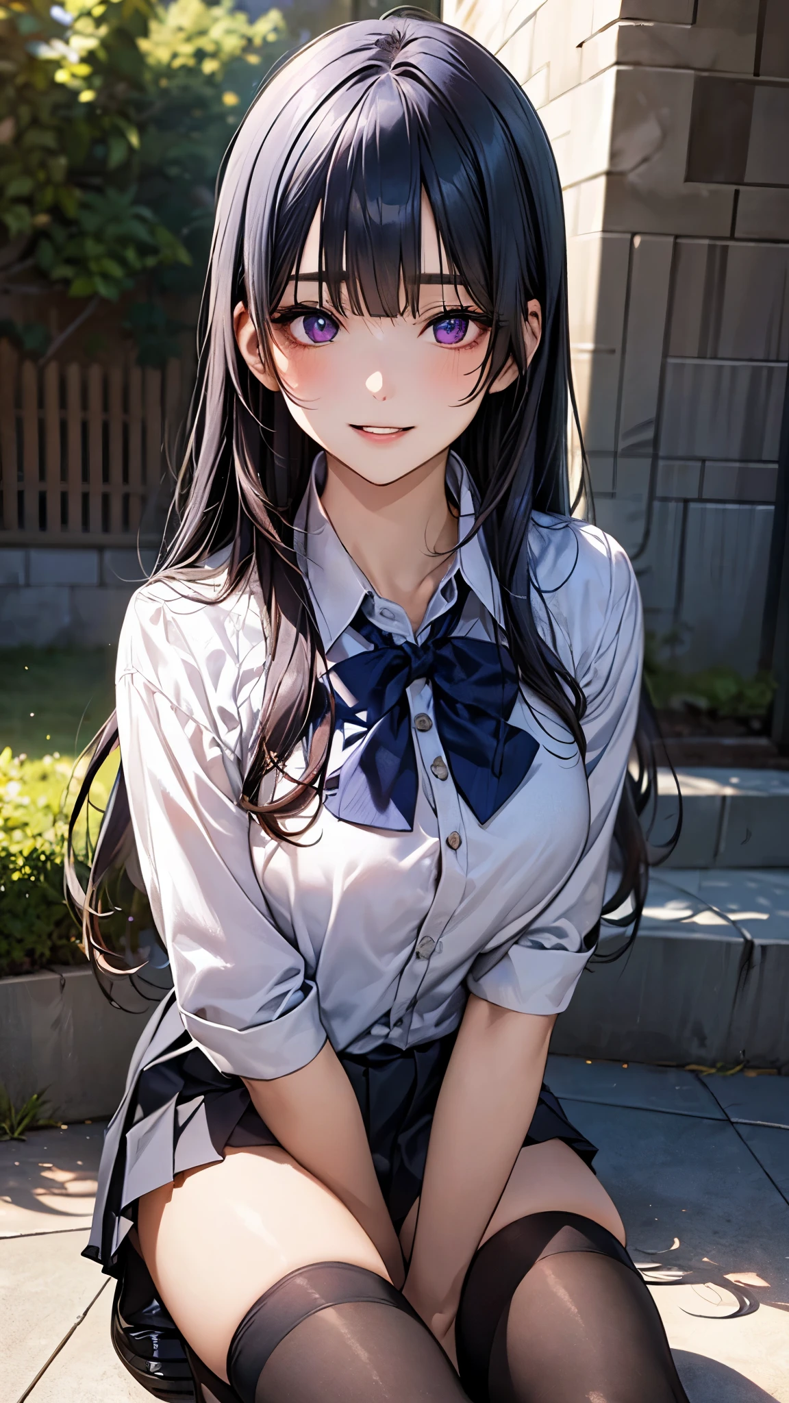 (masterpiece:1.2, top-quality), (realistic, photorealistic:1.4), beautiful illustration, (natural side lighting, movie lighting), nsfw,
looking at viewer, 1 girl, japanese, high school girl, perfect face, cute and symmetrical face, shiny skin,
(long hair:1.4, hime style, hime cut, purple hair), blunt bangs, purple eyes, big eyes, long eye lasher, (medium breasts, seductive thighs), slender,
beautiful detailed hair, beautiful detailed face, beautiful detailed eyes, beautiful clavicle, beautiful body, beautiful chest, beautiful thigh, beautiful legs, beautiful fingers,
(short sleeve white collared shirt, gray pleated miniskirt, blue bow tie, black thigh-highs),
(beautiful scenery), evening, (dining room:1.2), sitting chair, (lovely smile, upper eyes, parted lips),