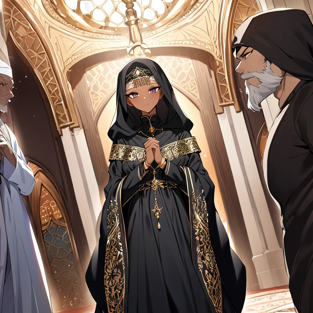 ((Highest quality)), ((masterpiece)), (detailed), （Perfect Face）、Women must wear black hijabs and niqabs、The woman is Momo Beria Deviluke, a devout Muslim., Arab with bright brown skin, In an Islamic prayer hall、She wears a gorgeous black abaya with gold embroidery.。, A gorgeous black hijab and niqab tightly covers her head, Gorgeous hair ornament, Gorgeous jewellery and engagement rings. The woman and the man are in a luxurious palace, And the woman、Wearing Arab national dress、In an Islamic prayer hall with a dignified bearded middle-aged Arab Muslim man。.、The woman is the elegant Momo Belia Deviluke., Pink hair short bob, Black abaya and、She is wearing a gorgeous, skin-tight black hijab and niqab.. She is a devout Muslim Arab with vibrant brown skin.。.、（The woman was named Momo Belia Deviluke.、He is a dark-skinned Arab and a devout Muslim.。.）