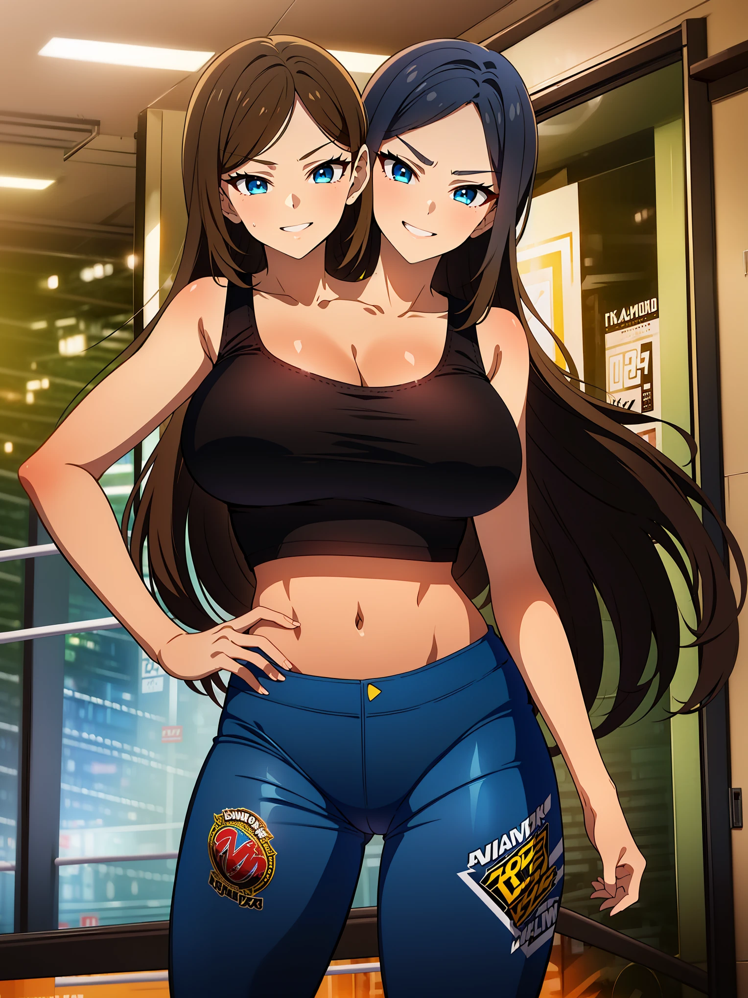 masterpiece),(ultra-detailed), (high quality), (high resolution), (best quality:1.5, highres, UHD), highres, absurdo, ultra detail, ultra quality, Ultra resolution, 16k, ((2heads:1.5)), 1girl, ((anime girl with two heads)), ((dark brown hair)) ((black hair)), ((female wrestler)), ((blue crop top)), exposed midriff, ((blue hot pants)), wrestling ring, wrestling, ((blue outfit)), sexy wrestler, (blue eyes), villainess, smirk