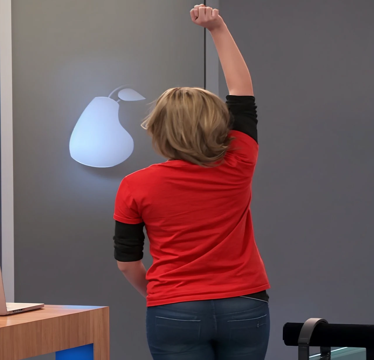 A 4K portrait of a blonde young woman in her red shirt and tight blue jeans; in the electronic store with her one arm up; cinematic; unreal engine; back view