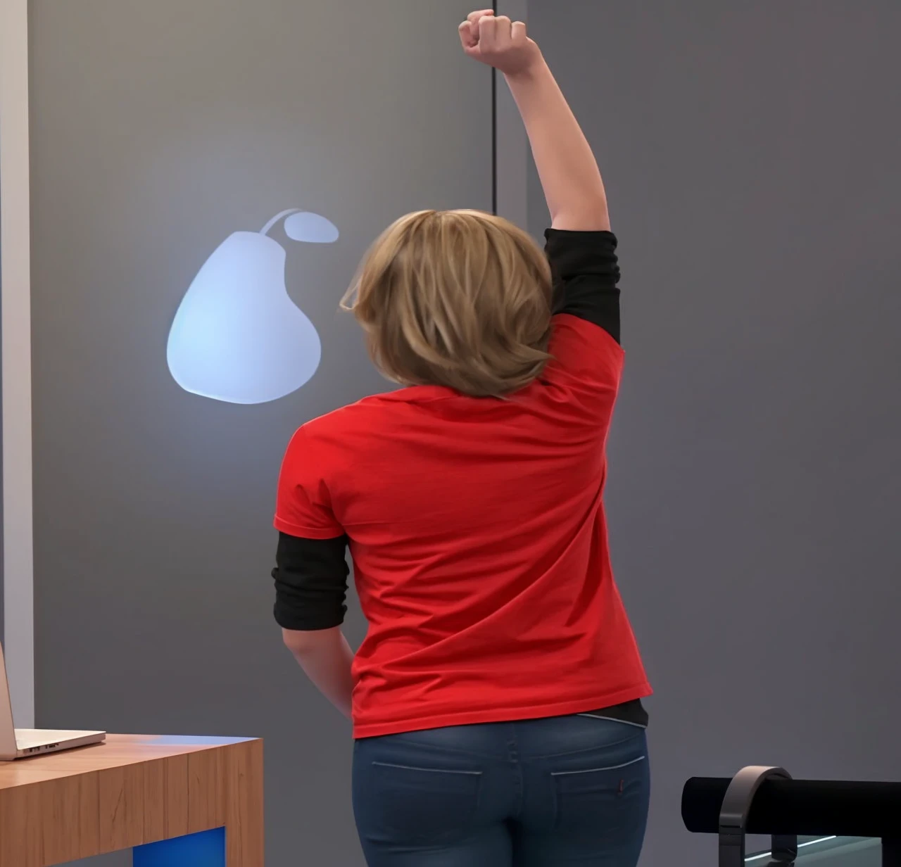 A 4K portrait of a blonde young woman in her red shirt and tight blue jeans; in the electronic store with her one arm up; cinematic; unreal engine; back view