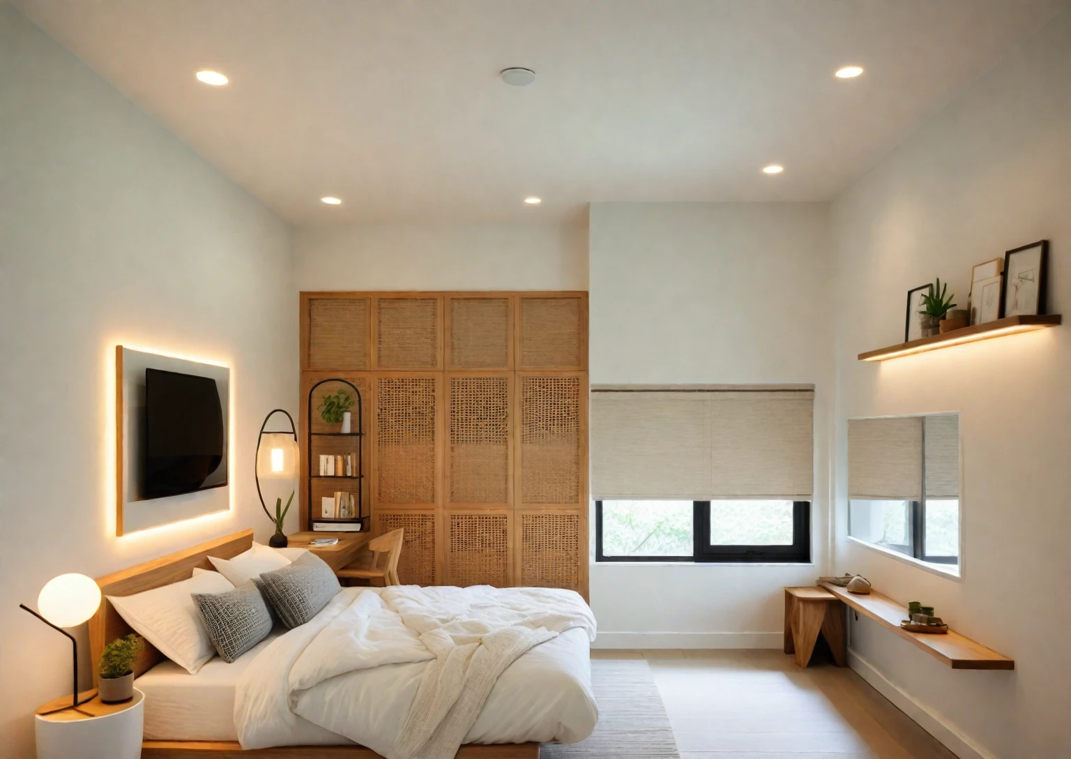 A serene Muji-style bed room bathed in warm light from recessed downlights. Crisp white walls and natural wood accents create a tranquil ambiance. A flat-screen TV hangs above a minimalist shelf. A low-profile bed with [mention the specific colors of the bed linens] rests near a geometric wall decor. Natural light filters through a window with wooden blinds. Wooden armchairs with white cushions invite relaxation near a warm floor lamp. A potted plant and framed artwork add personal touches. ((8k)), high quality detail, minimalist design, neutral color palette, natural materials, clean lines, serene and functional, modern Japanese aesthetic, low-profile bed, geometric wall decor, floating shelf, wall-mounted TV, recessed ceiling, LED strip lighting, wooden blinds, wooden furniture, potted plant, framed artwork.