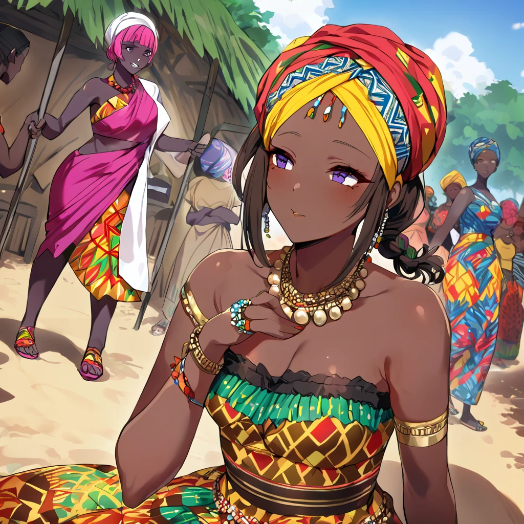 ((Highest quality)), ((masterpiece)), (detailed), (Perfect Face)、The woman is Momo Belia Deviluke, a Ghanaian by birth, with a vibrant dark skin, black by birth, and is wearing a vibrant Ghanaian dress, a vibrant turban head scarf, gorgeous jeweled accessories, and an engagement ring.、The woman was the elegant Momo Belia Deviluke, with pink afro short bob hair tied up in Ghana braids, wearing a colorful Ghanaian dress and a colorful turban head scarf, with vibrant dark brown skin, a natural-born black and Ghanaian, Momo Belia Deviluke.、(The woman is a black Ghanaian with vivid dark brown skin.)、The woman is raising children and doing village work with other village girls in her village in Ghana.