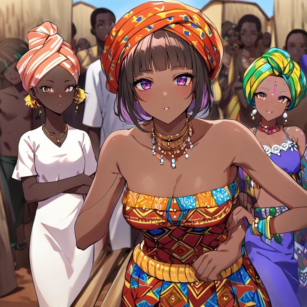 ((Highest quality)), ((masterpiece)), (detailed), （Perfect Face）、The woman is Momo Belia Deviluke, a Ghanaian by birth, with a vibrant dark skin, black by birth, and is wearing a vibrant Ghanaian dress, a vibrant turban head scarf, gorgeous jeweled accessories, and an engagement ring.、The woman was the elegant Momo Belia Deviluke, with pink afro short bob hair tied up in Ghana braids, wearing a colorful Ghanaian dress and a colorful turban head scarf, with vibrant dark brown skin, a natural-born black and Ghanaian, Momo Belia Deviluke.、（The woman is a black Ghanaian with vivid dark brown skin.）、The woman is raising children and doing village work with other village girls in her village in Ghana.