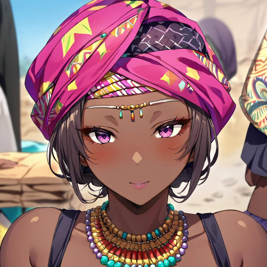((Highest quality)), ((masterpiece)), (detailed), (Perfect Face)、The woman is Momo Belia Deviluke, a Ghanaian by birth, with a vibrant dark skin, black by birth, and is wearing a vibrant Ghanaian dress, a vibrant turban head scarf, gorgeous jeweled accessories, and an engagement ring.、The woman was the elegant Momo Belia Deviluke, with pink afro short bob hair tied up in Ghana braids, wearing a colorful Ghanaian dress and a colorful turban head scarf, with vibrant dark brown skin, a natural-born black and Ghanaian, Momo Belia Deviluke.、(The woman is a black Ghanaian with vivid dark brown skin.)、The woman is raising children and doing village work with other village girls in her village in Ghana.