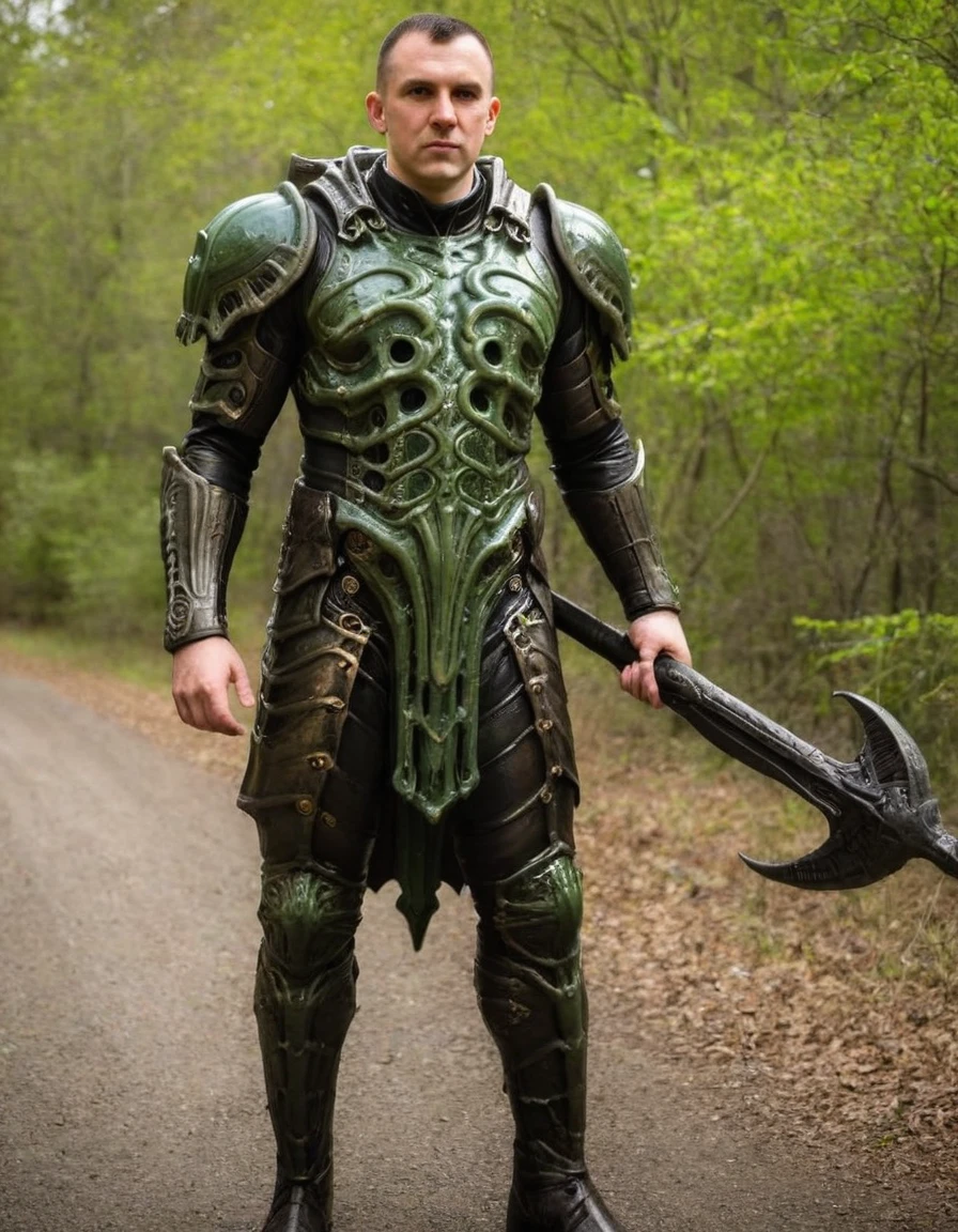 The man wears a full set of Cthulhu-inspired battle armor