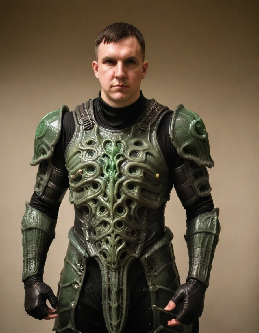 The man wears a full set of Cthulhu-inspired battle armor